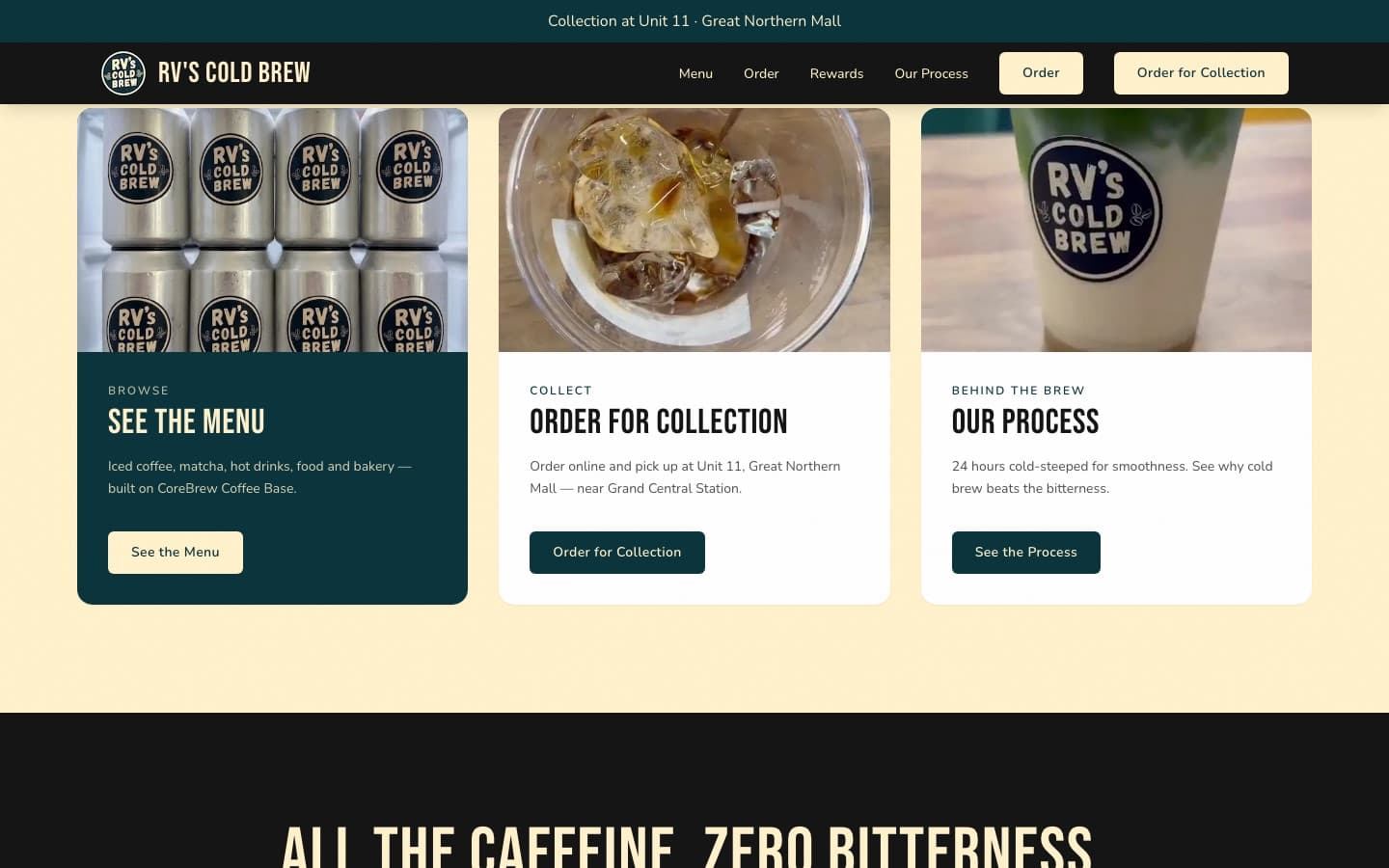 RV's Cold Brew homepage cards for the menu, visit details, and brewing process