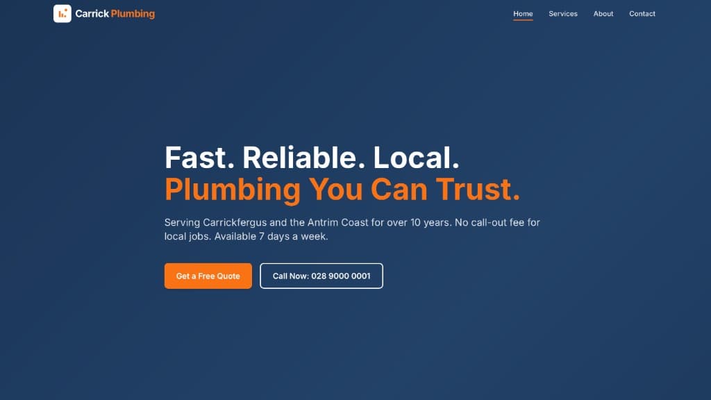 Carrick Plumbing Co website homepage for a local plumbing business