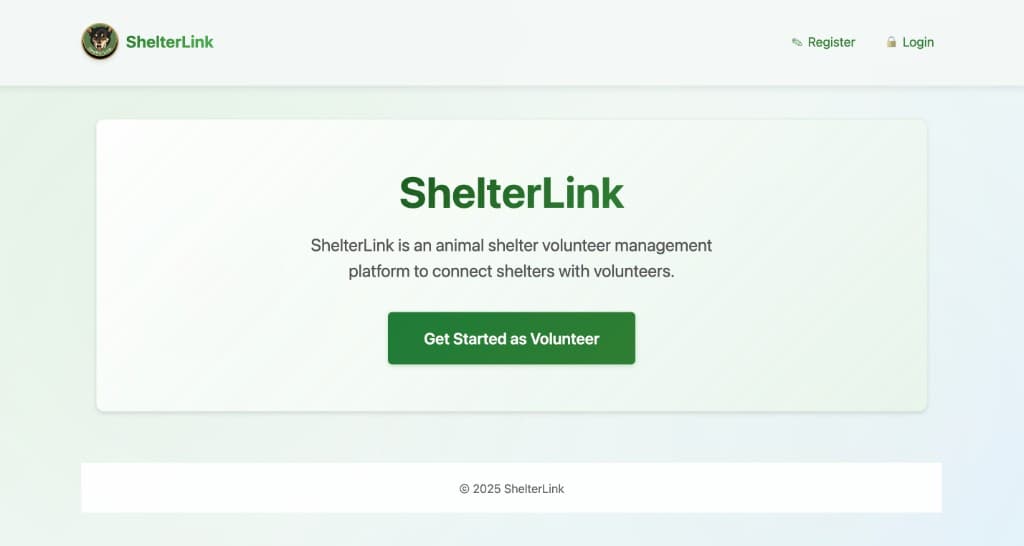 ShelterLink landing page — animal shelter volunteer management platform with register and login options