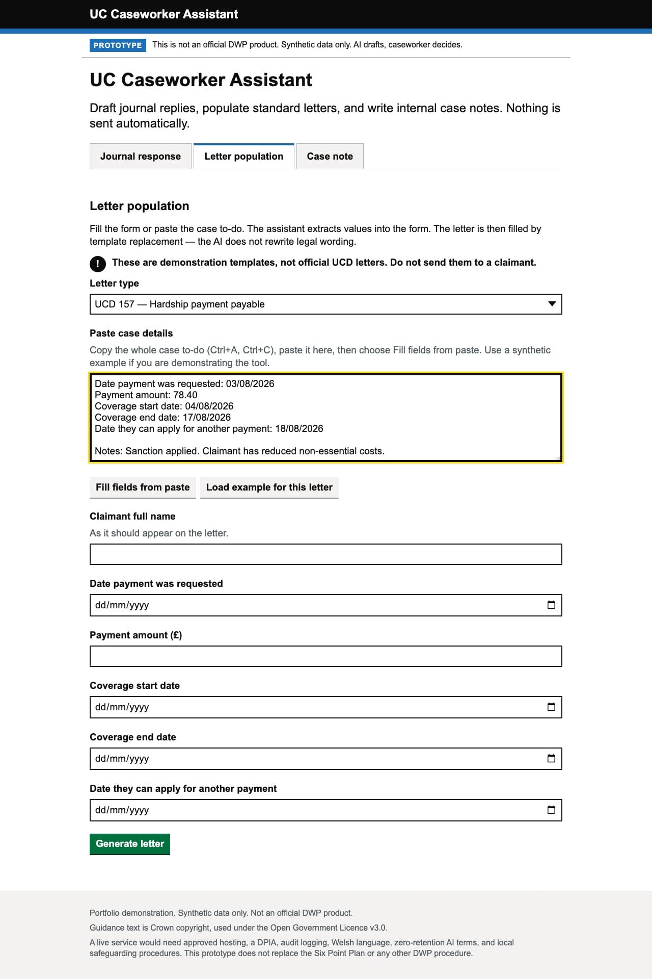 UC Caseworker Assistant letter population tool with a synthetic hardship payment case pasted in